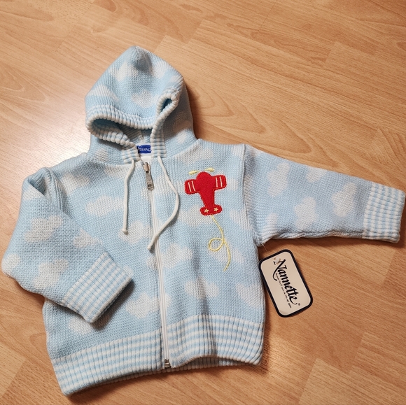 Nannette Other - NWT VTG Nannette Red Airplane Embroider Blue Cloud Thick Knit Sweater Jacket 24M